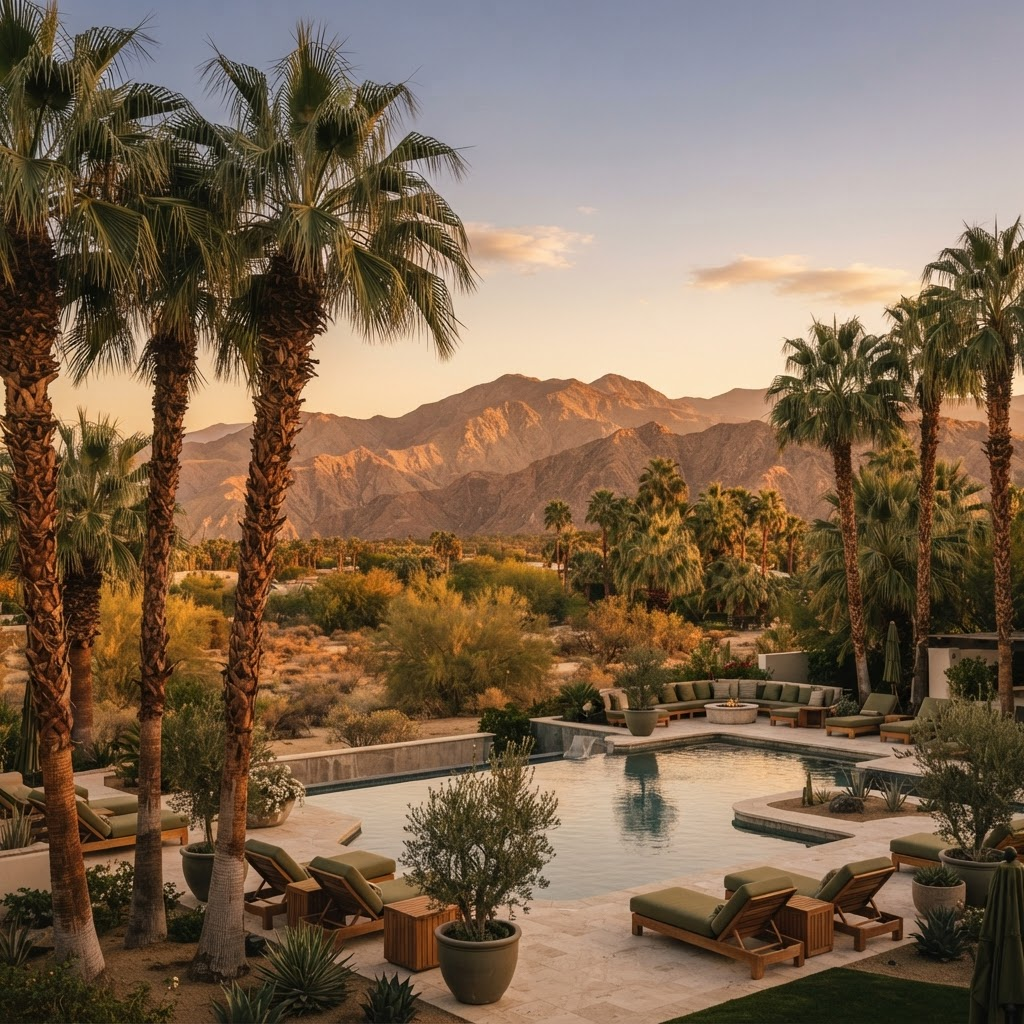 Golden-hour view of the Palm Desert valley with palms and mountains